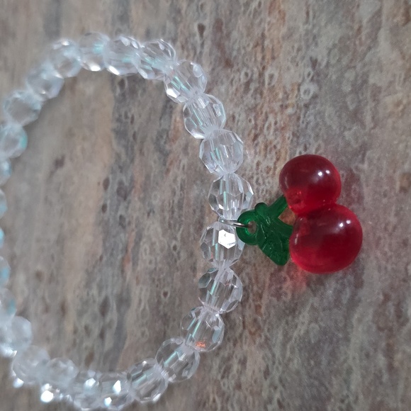 Clear Beaded Bracelet with Red Cherry Charm - Picture 2 of 3